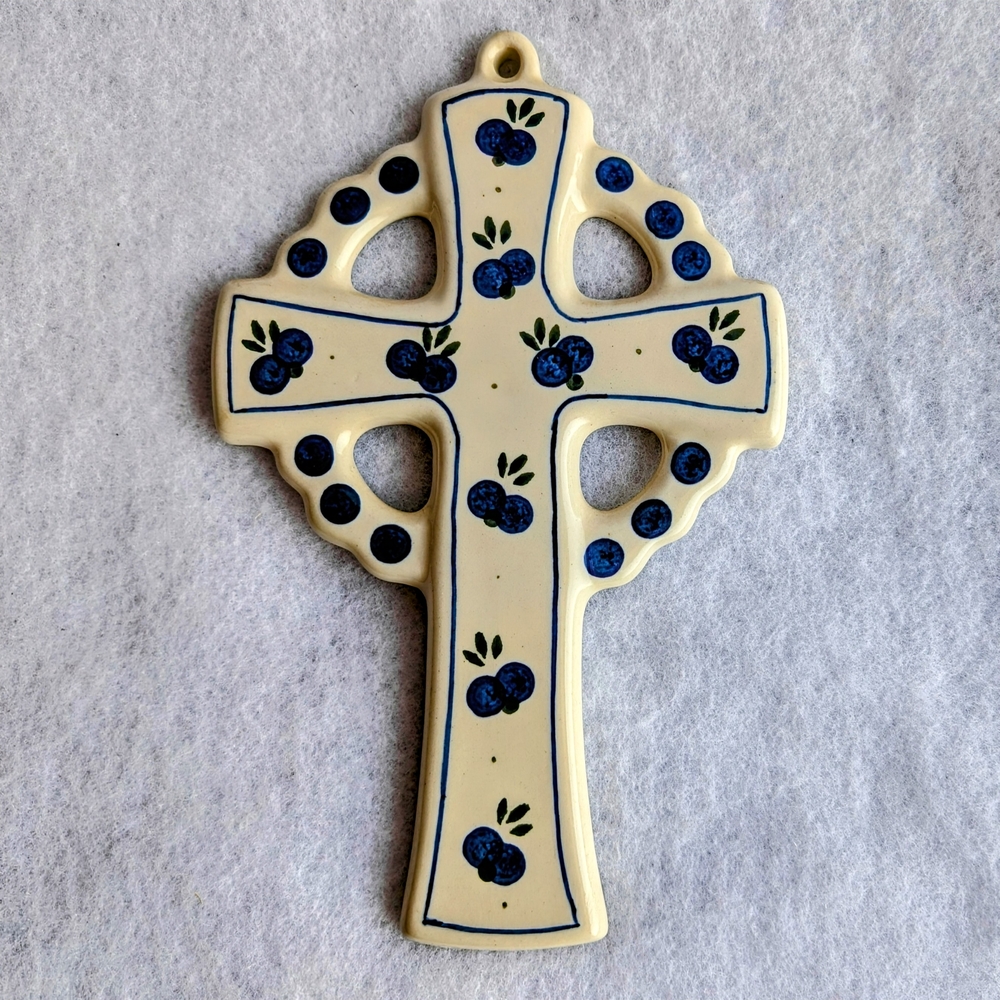 Polish Pottery Cross with Blueberry & Dot Design